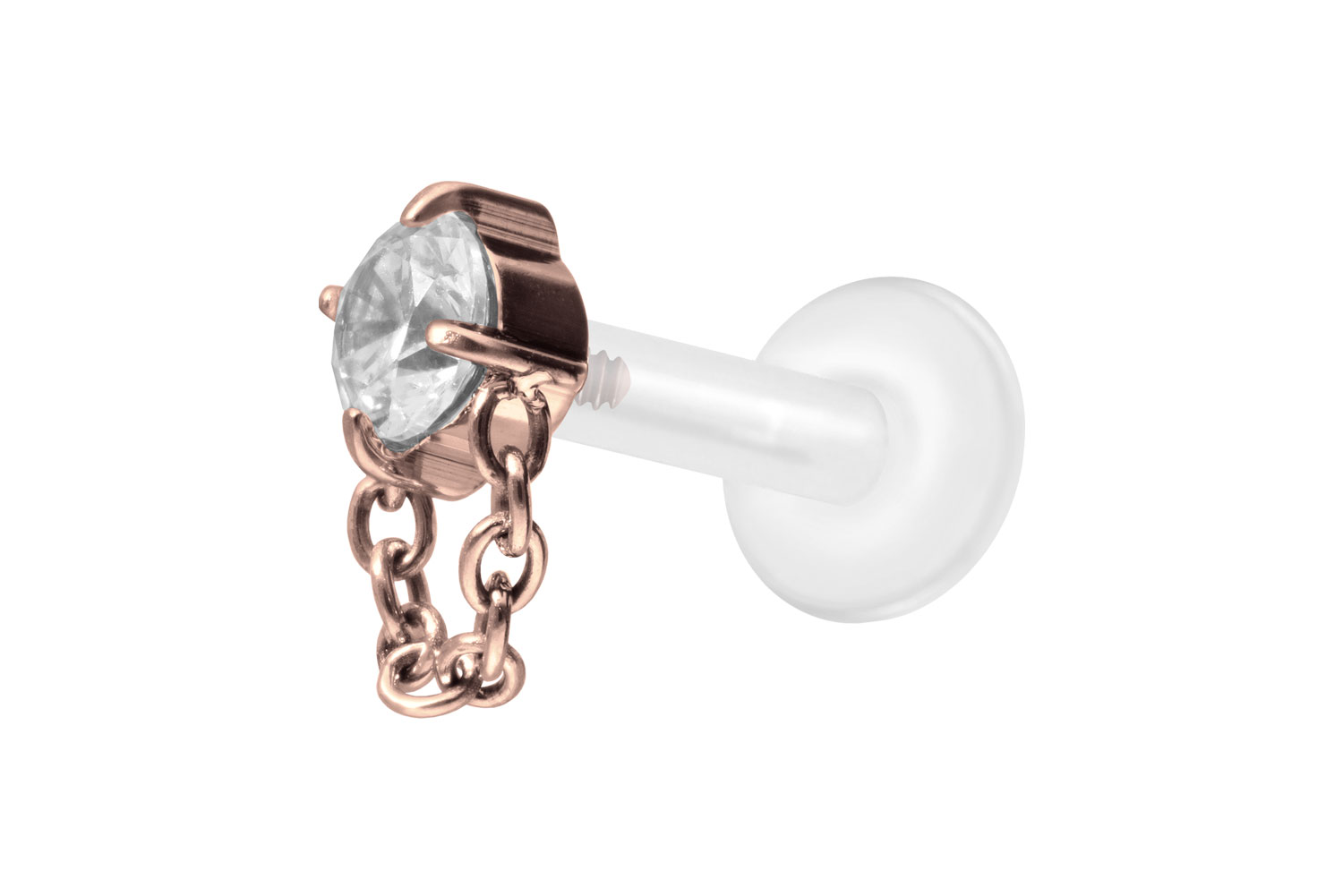 PTFE Labret Piercing mit Innengewinde + Titan-Aufsatz KRISTALL + KETTE